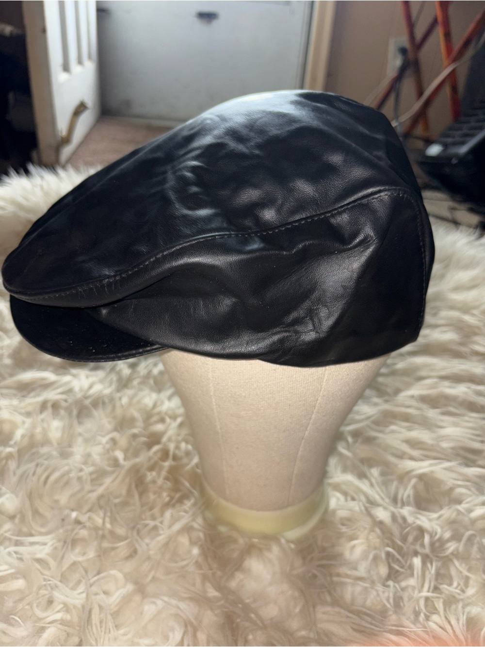 Men's Black Leather Newsboy Cap - Classic Flat Cap